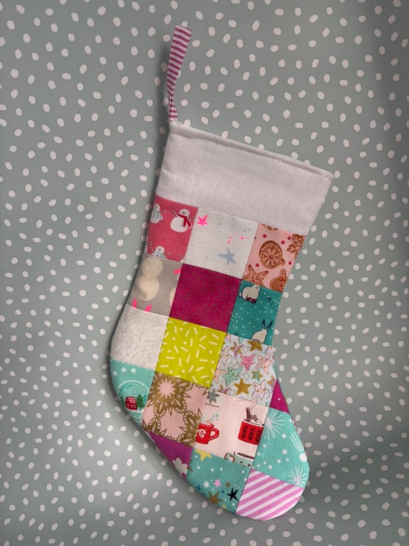 Christmas stocking - patchwork print pinks aqua 