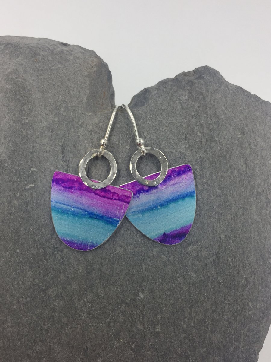 Stripy turquoise and purple earrings with hammered silver ring.