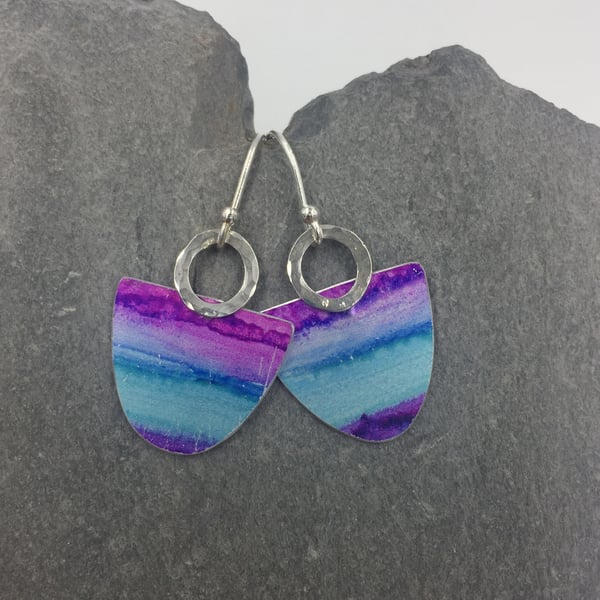 Stripy turquoise and purple earrings with hammered silver ring.