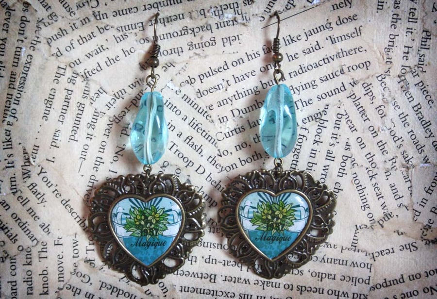 Vintage Style Heart Cameo Flower Blue Bead Earrings