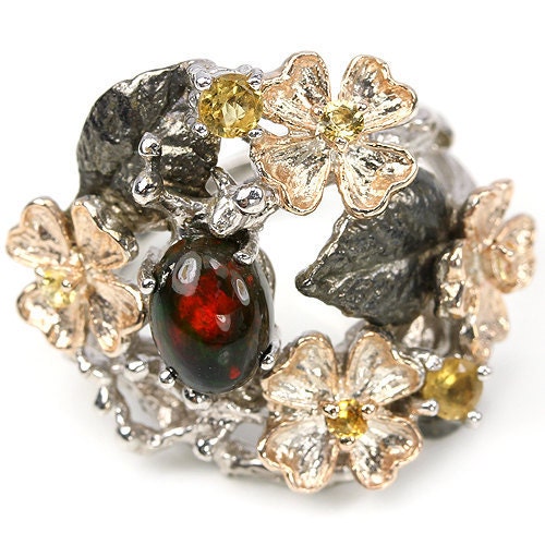 Opal & Citrine Romantic Art Nouveau style Floral Foliate Ring