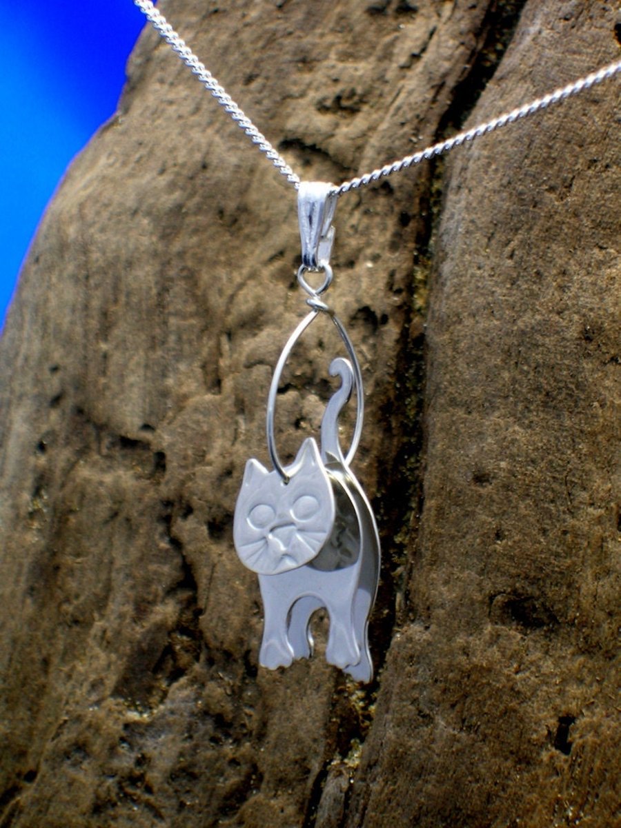 Jewellery Sterling Silver Cat Pendant Silver Cat Necklace, 3D Cat - Main Image