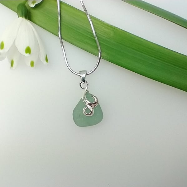 Natural Pastel Mint Green Sea Glass Necklace with Silver Swirl Bail