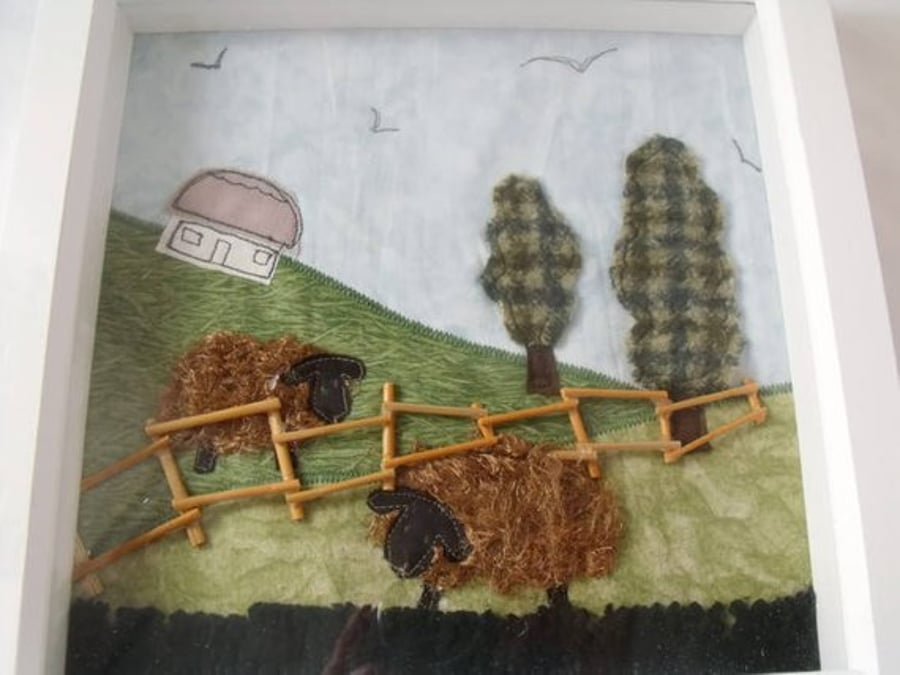 mixed media scenery framed picture, fabric applique wall art