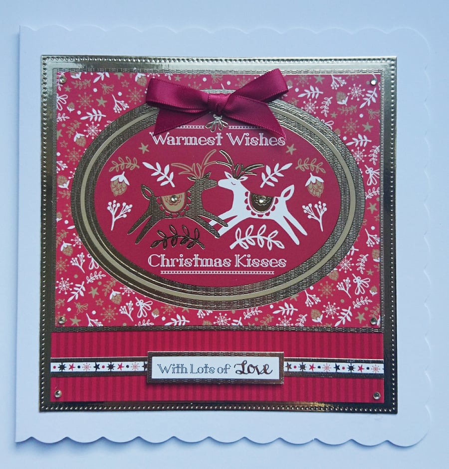 Handmade Christmas Card Reindeer Warmest Wishes and Christmas Kisses