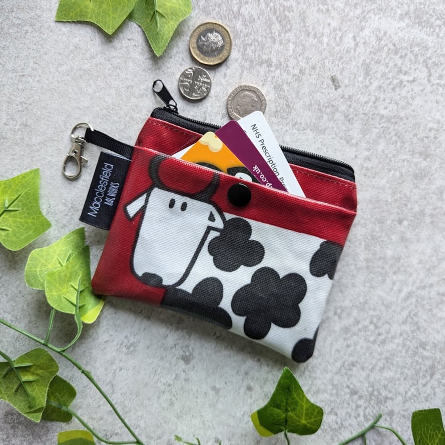 Coin and Card Purse Red Cow Design Oilcloth Coin Purse with Key Fob