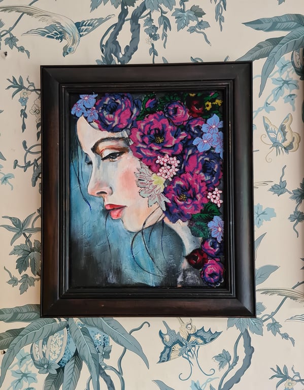 Original mixed media portrait of woman with flowers