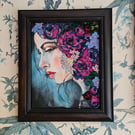 Original mixed media portrait of woman with flowers