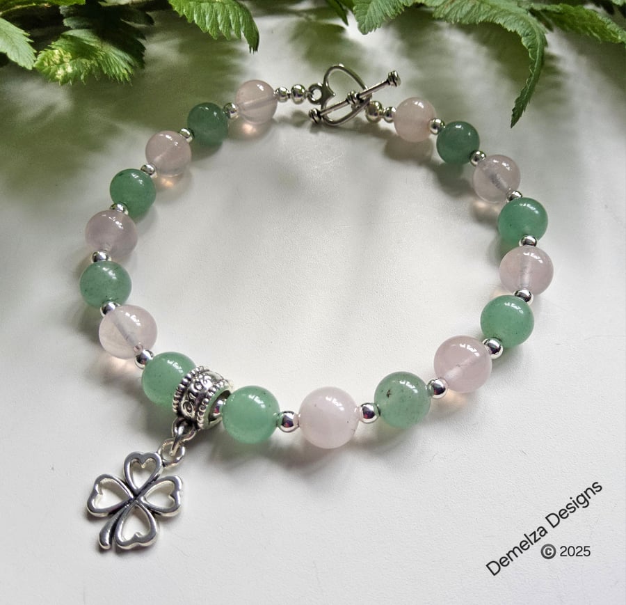 Rose Quartz & Aventurine Shamrock Charm Bracelet 