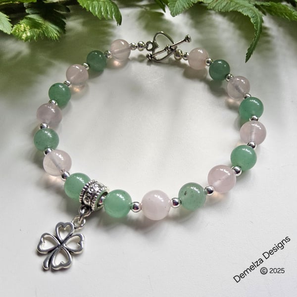 Rose Quartz & Aventurine Shamrock Charm Bracelet 