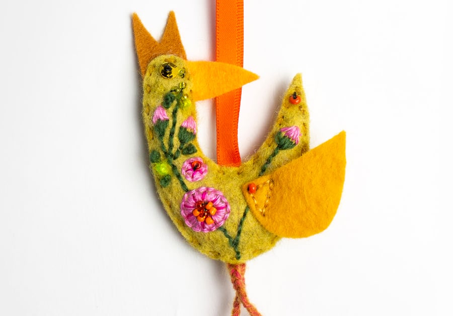 Mustard hand embroidered bird-shaped bag charm or keyring called Karl
