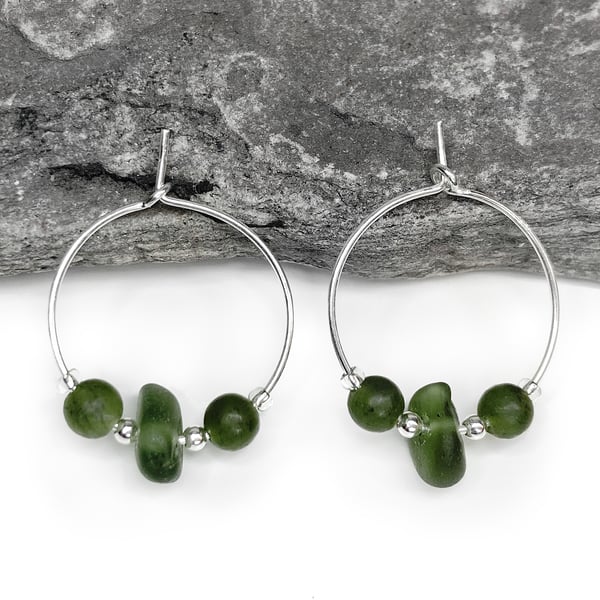 Sea Glass Hoop Earrings. Small Green Sterling Silver Jade Crystal Beaded Hoops