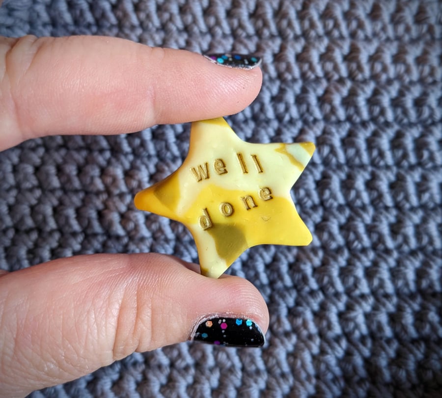 Affirmation Star - 'well done', yellow and gold - pocket stone or reward badge