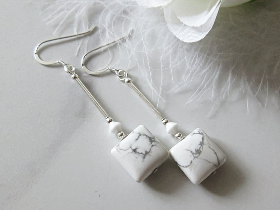 White & Pastel Grey Howlite Earrings With Crystals & Sterling Silver Tubes