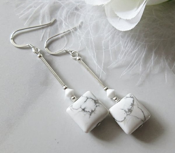 White & Pastel Grey Howlite Earrings With Crystals & Sterling Silver Tubes