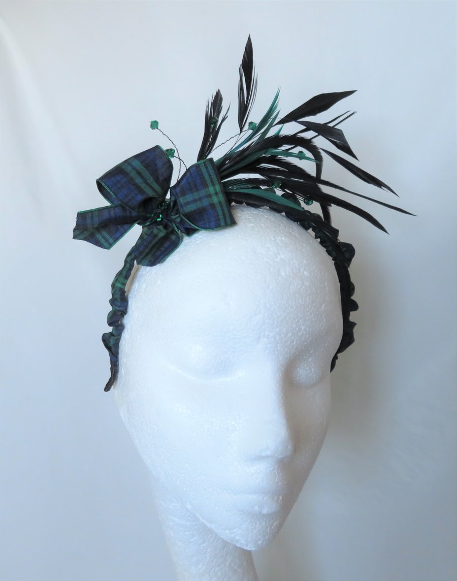 Emerald Green & Black Tartan Feather Scrunchie Headband Fascinator