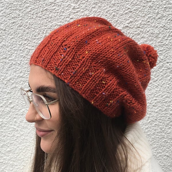 SLOUCH HAT  with pom-pom .'Delphine' . Wool blend .Russet .Tweed.