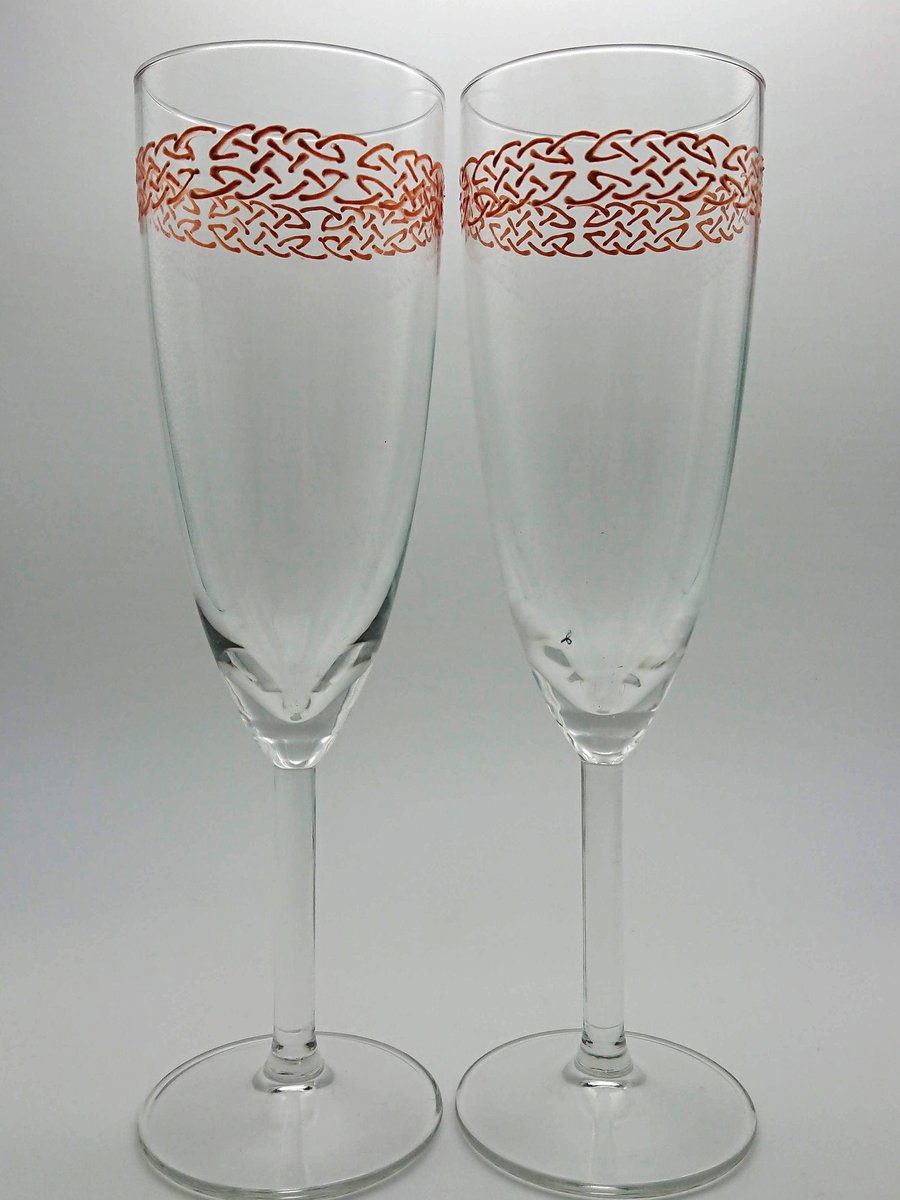 Hand-painted Celtic Champagne Glasses in Copper