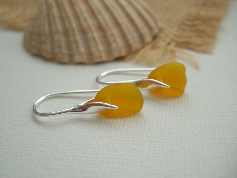 Yellow sea glass earring, yellow beach glass earrings, wave design sterling