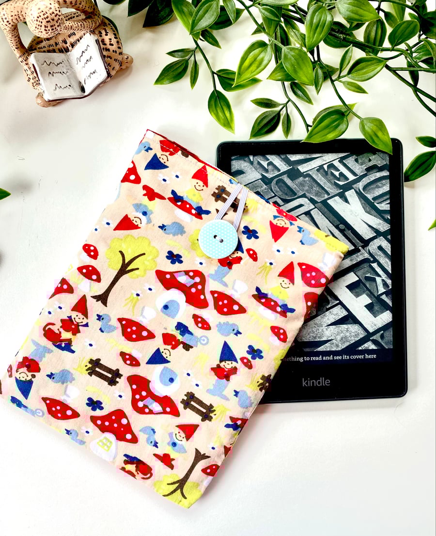Handmade Cute Toadstool and Gnome Kindle Sleeve, E-reader pouch, Fabric case