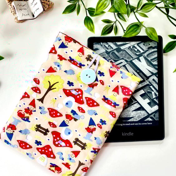 Handmade Cute Toadstool and Gnome Kindle Sleeve, E-reader pouch, Fabric case