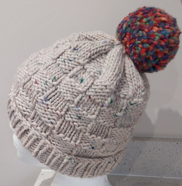 Handknit Chunky Merino Bobble Hat Cream Rainbow