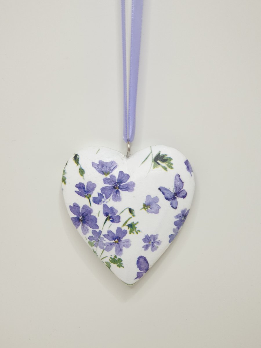 Wooden heart hanging decoration, purple flowers, pretty letterbox gift