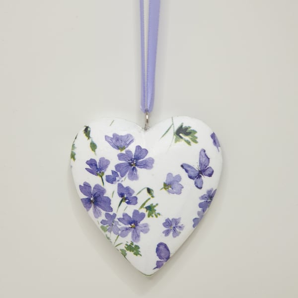 Wooden heart hanging decoration, purple flowers, pretty letterbox gift