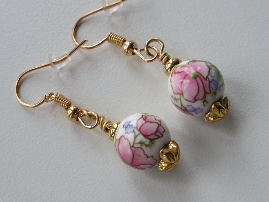 Printed Flower Beaded Ear-rings