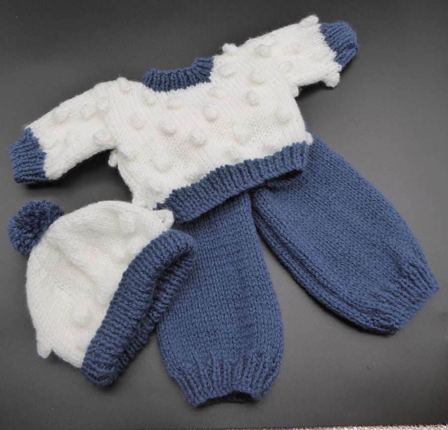  Dolls dark blue and white double knit trouser set 