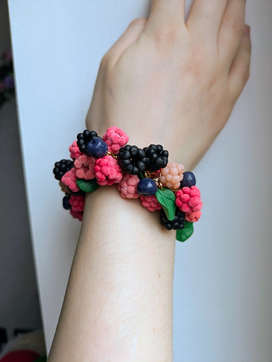 Raspberry bracelet, Realistic fruit jewellery, Cottagecore botanical gift
