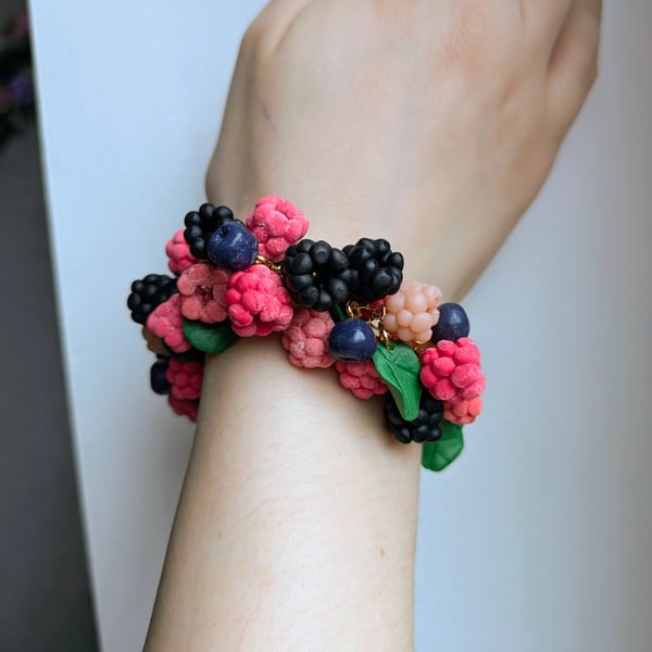 Raspberry bracelet, Realistic fruit jewellery, Cottagecore botanical gift