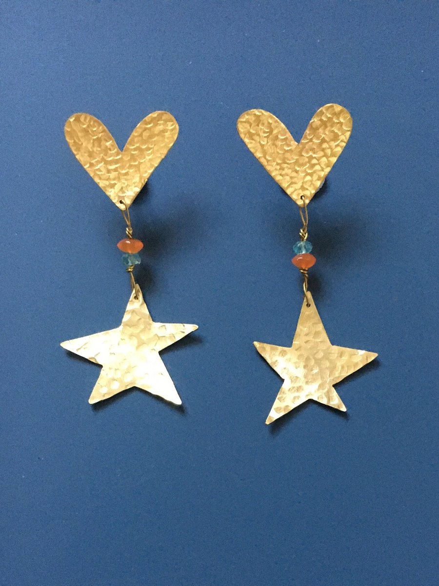 Love in the night - sparkly dangly hammered brass hearts and stars earrings
