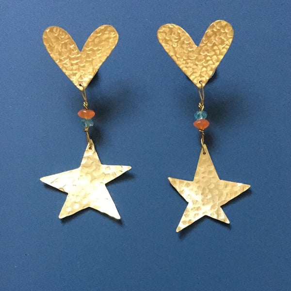 Love in the night - sparkly dangly hammered brass hearts and stars earrings