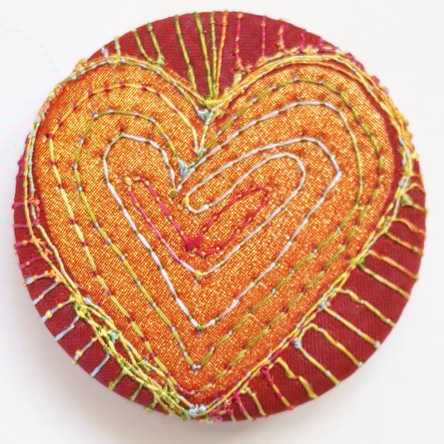 38mm Hand Dyed Fabric Heart Badge with Free Machine Embroidery 