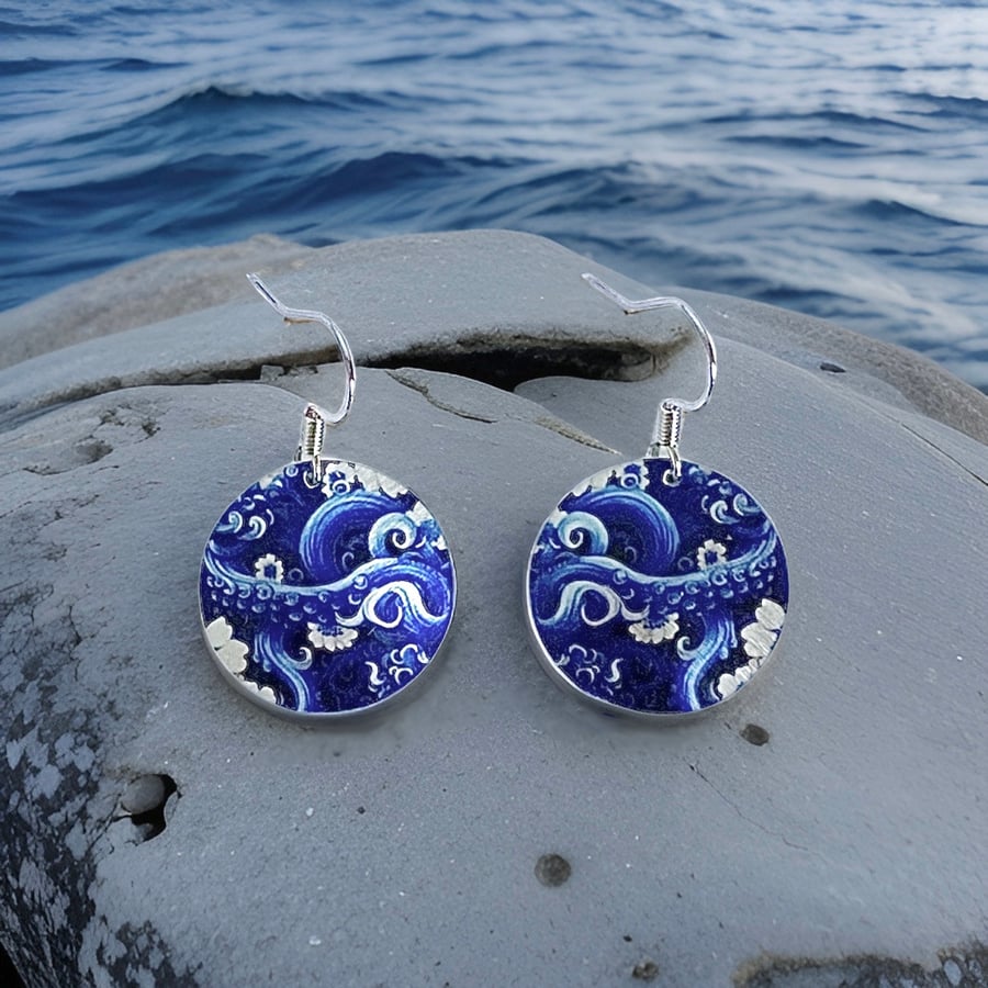 Octopus and flowers blue drop earrings, sterling silver ear wires. (740B)
