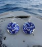 Octopus and flowers blue drop earrings, sterling silver ear wires. (740B)