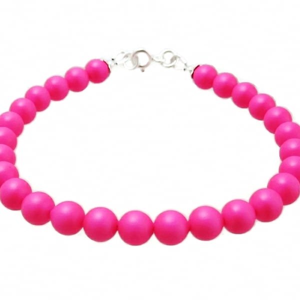 Bright Hot Neon Pink Pearls & Sterling Silver Summery Bracelet