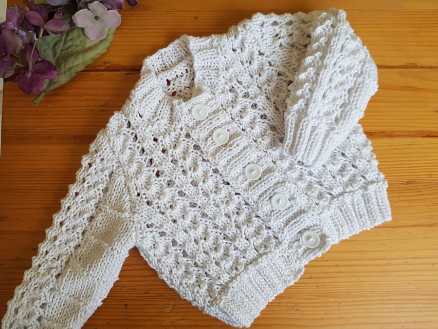 0-3 months Hand Knitted Lacy White Cotton baby Cardigan 