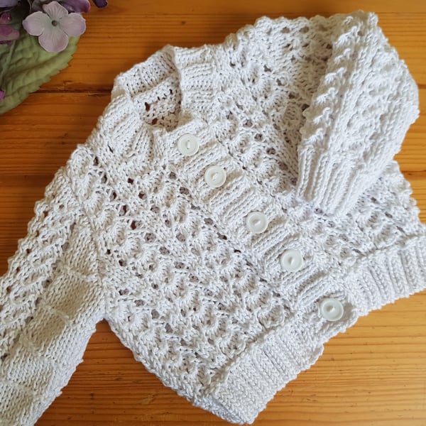 0-3 months Hand Knitted Lacy White Cotton baby Cardigan 