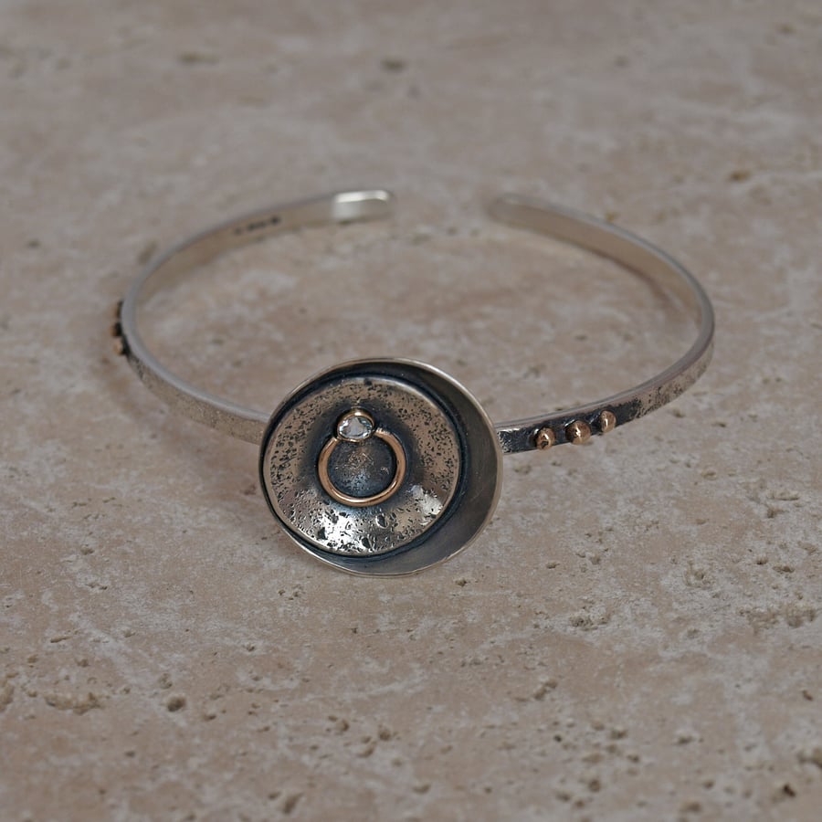 Moon Phase Cuff Bracelet, Hallmarked Sterling Silver, Gold, Aquamarine