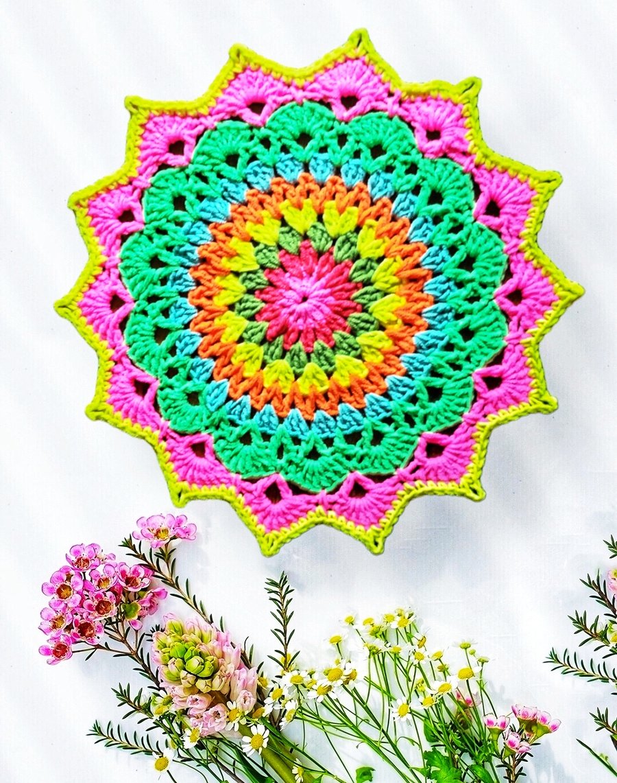 ultra bright, neon, crochet doily, mandala table mat