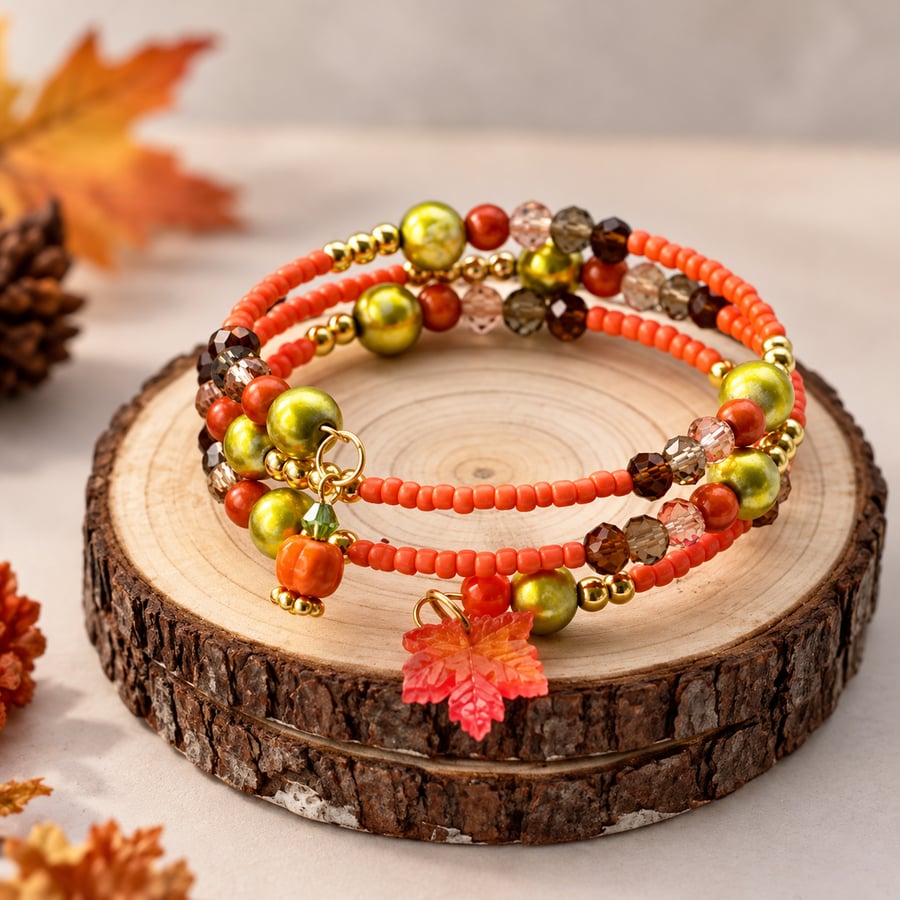 Autumn Pumpkin & Maple Leaf Memory Wire Wrap Bracelet 