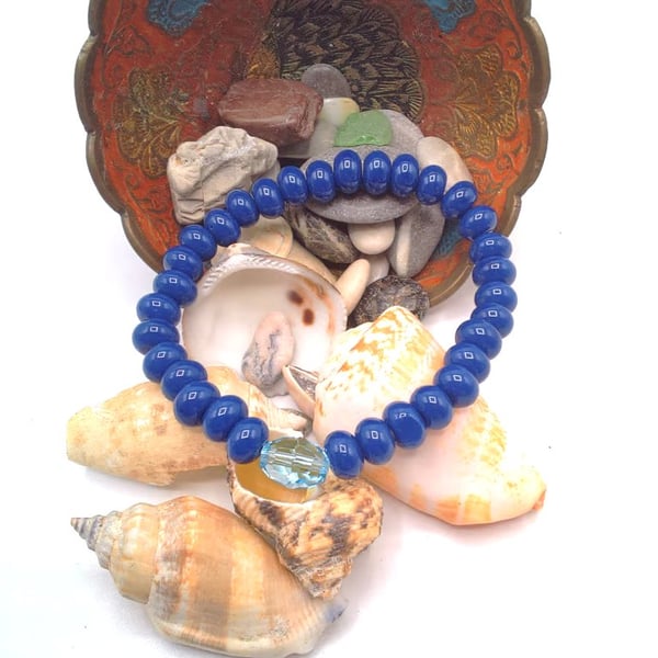Cobalt Blue Rondelle Beads & A Pale Blue Crystal Stretch Bracelet, Gift for Her
