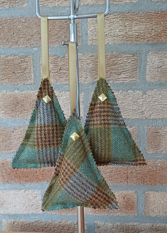 Rustic green gold and brown tweed Christmas decorations set of 3 