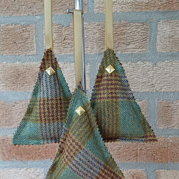 Rustic green gold and brown tweed Christmas decorations set of 3 