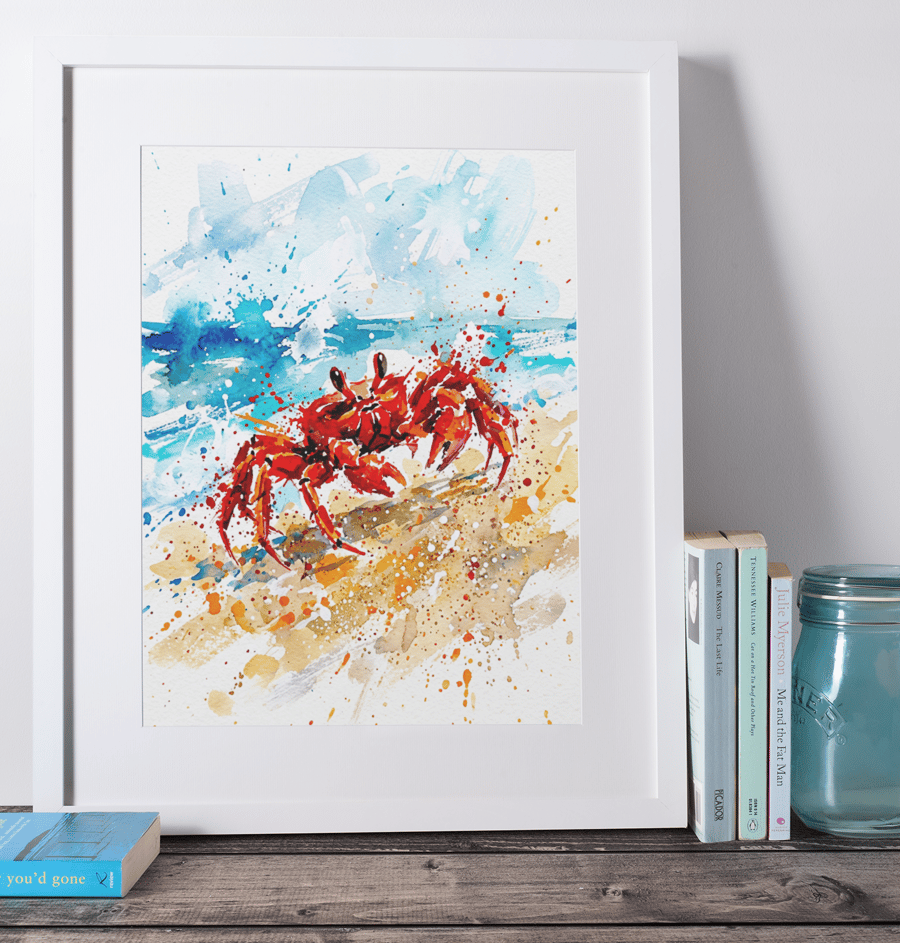 Red Crab Coloursplash Coastal Print – A5 Framed (Black-White-Oak Effect Frame)