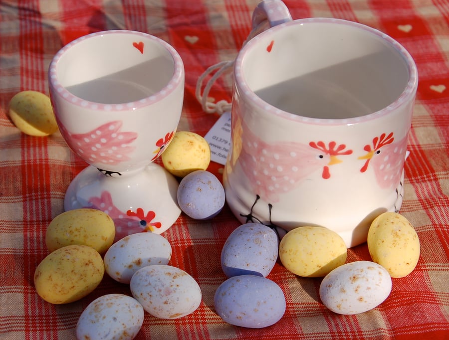 childrens mug and egg cup, Pink Chicken