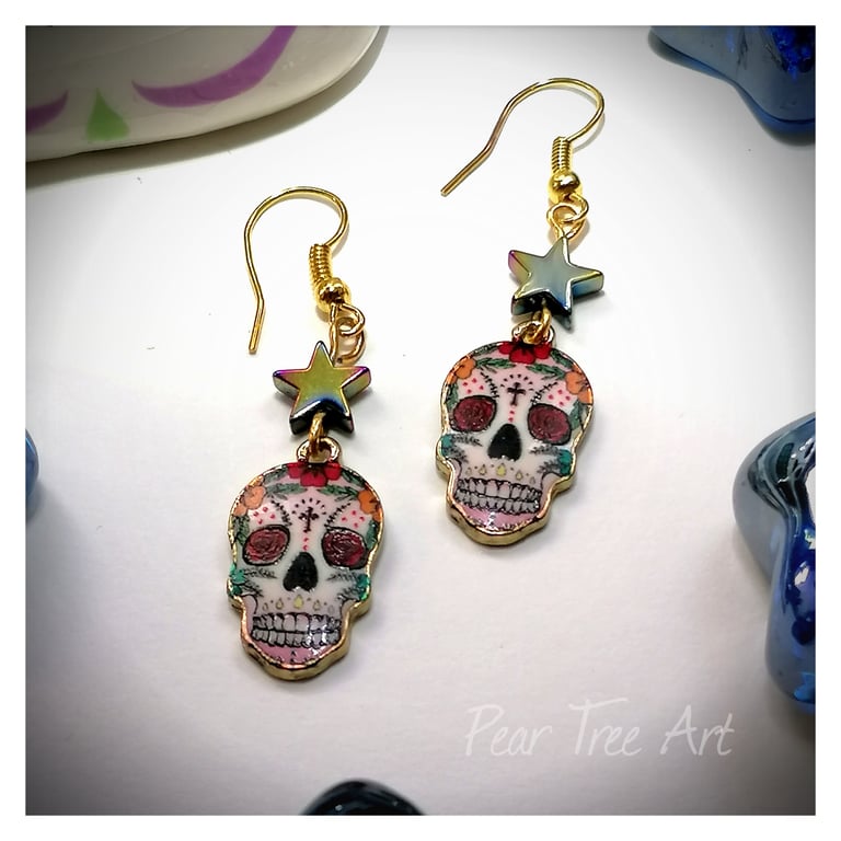  Sugar Skull Earrings White and Red with Star Beads
