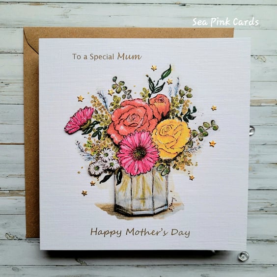 Mother's Day Card - flowers, card for mum, textured, dimensional